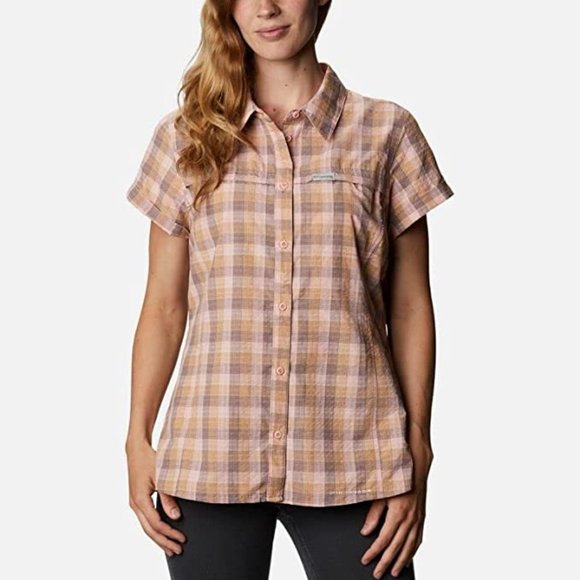 🆕Columbia Women's Silver Ridge™ Novelty SS Shirt, Peach Quartz Gingham, NWT - Picture 1 of 6